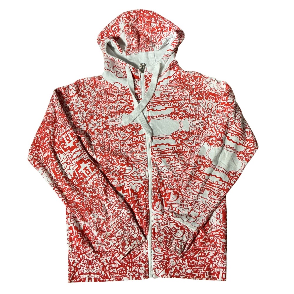 Y2K Nikita Womens Red White All Over Doodle Print Full Zip Hoodie Sweatshirt S